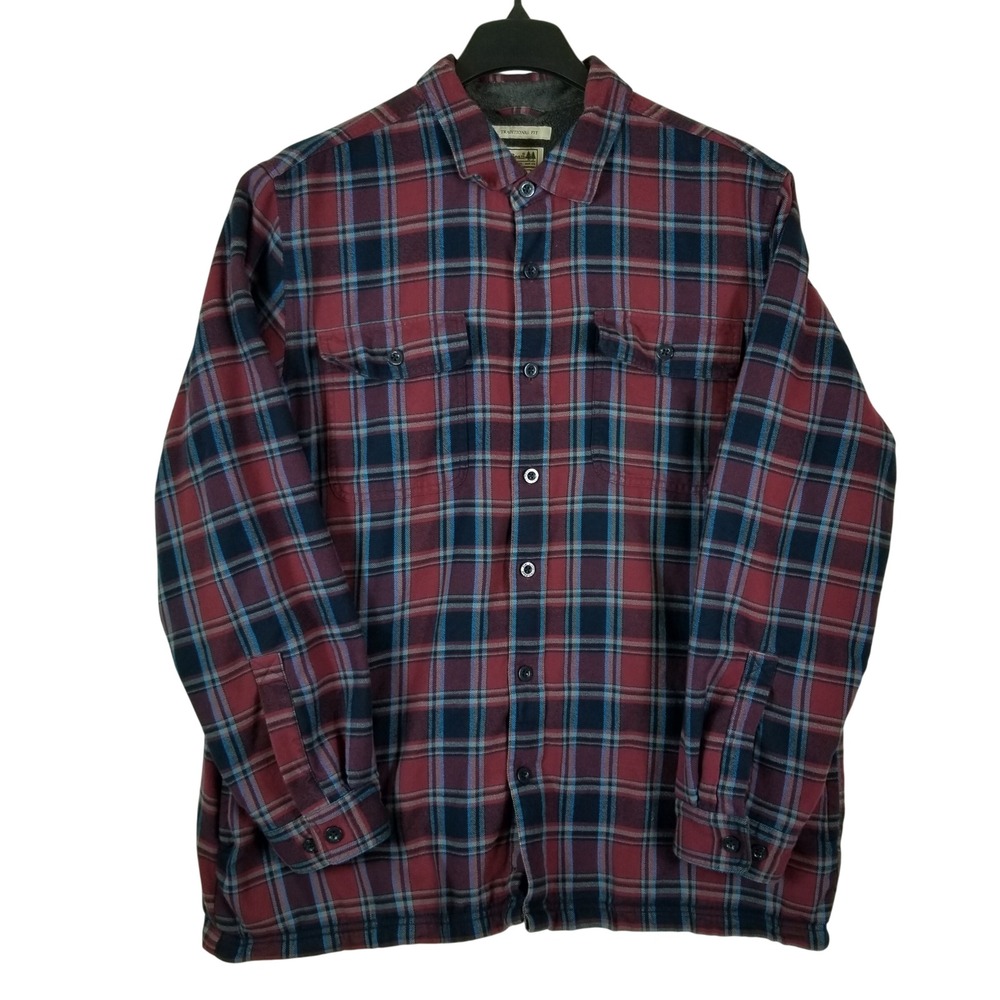 LL Bean Mens XL Fleece Lined Flannel Shirt Jacket Plaid Burgundy Blue 298189